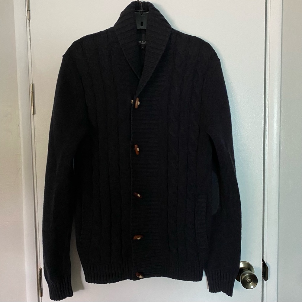 Ted Baker Navy Cowl Neck Sweater With Toggles And Elbow Patches Sz 2 .